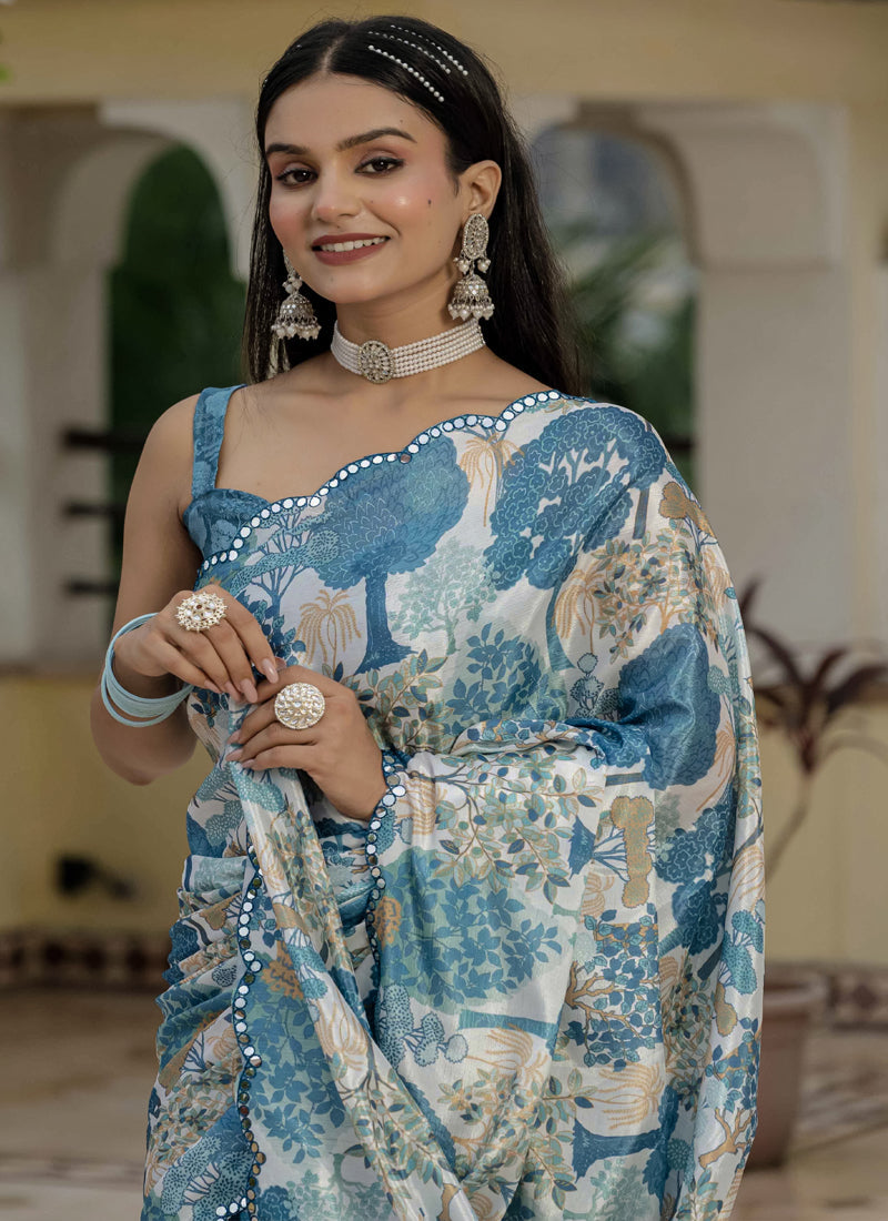 Vegaa Fashion Grey Chinon Silk Floral Printed With Mirror Cut Border Ready To Wear Saree - Distacart