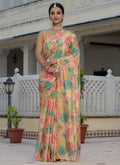 Vegaa Fashion Mustard Chinon Silk Floral Printed With Mirror Cut Border Ready To Wear Saree - Distacart