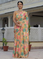 Vegaa Fashion Mustard Chinon Silk Floral Printed With Mirror Cut Border Ready To Wear Saree - Distacart