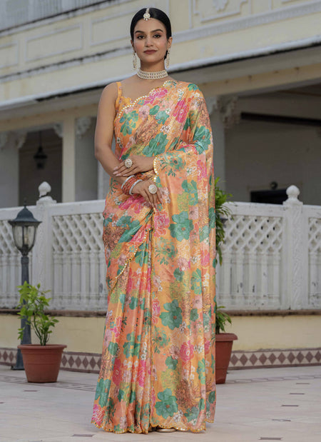 Vegaa Fashion Mustard Chinon Silk Floral Printed With Mirror Cut Border Ready To Wear Saree