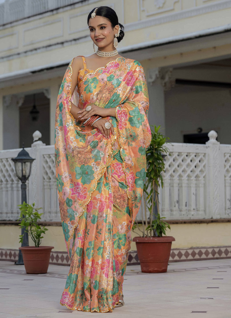Vegaa Fashion Mustard Chinon Silk Floral Printed With Mirror Cut Border Ready To Wear Saree - Distacart