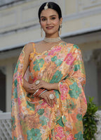 Vegaa Fashion Mustard Chinon Silk Floral Printed With Mirror Cut Border Ready To Wear Saree - Distacart
