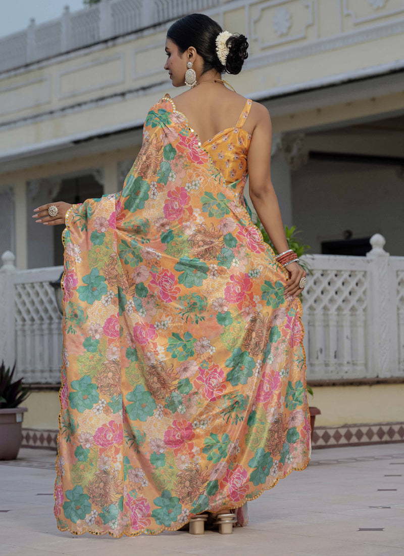 Vegaa Fashion Mustard Chinon Silk Floral Printed With Mirror Cut Border Ready To Wear Saree - Distacart