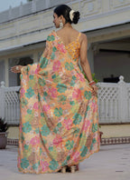 Vegaa Fashion Mustard Chinon Silk Floral Printed With Mirror Cut Border Ready To Wear Saree - Distacart