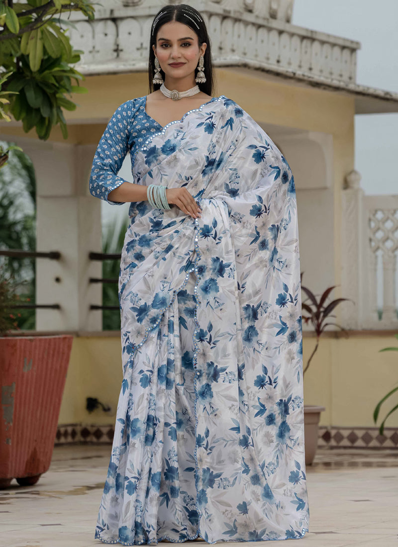 Vegaa Fashion Off White Chinon Silk Floral Printed With Mirror Cut Border Ready To Wear Saree - Distacart