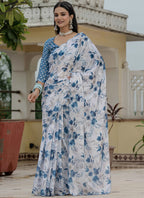 Vegaa Fashion Off White Chinon Silk Floral Printed With Mirror Cut Border Ready To Wear Saree - Distacart