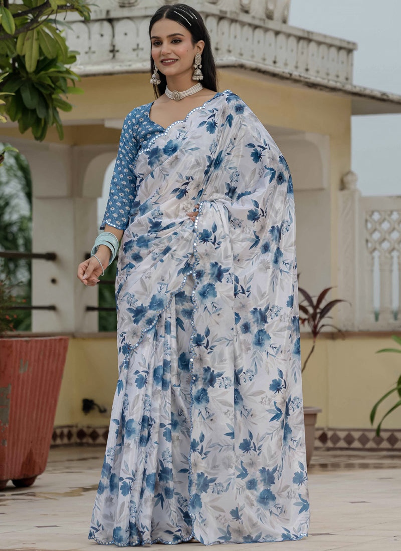 Vegaa Fashion Off White Chinon Silk Floral Printed With Mirror Cut Border Ready To Wear Saree - Distacart