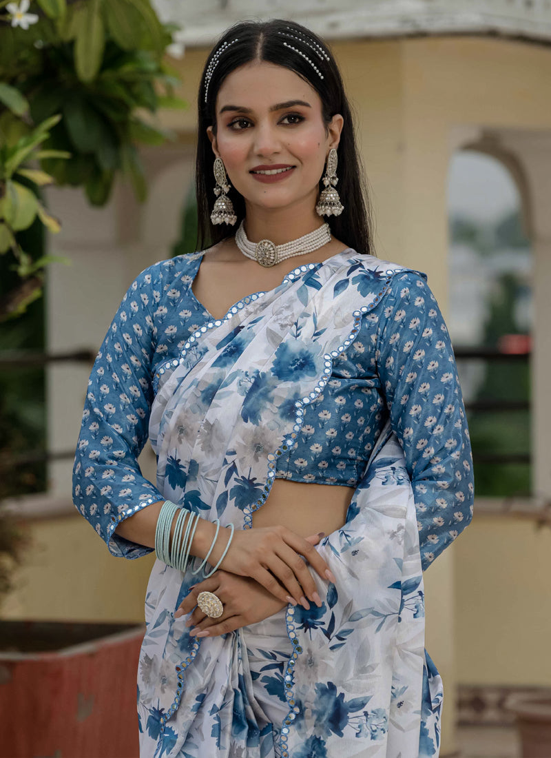 Vegaa Fashion Off White Chinon Silk Floral Printed With Mirror Cut Border Ready To Wear Saree - Distacart