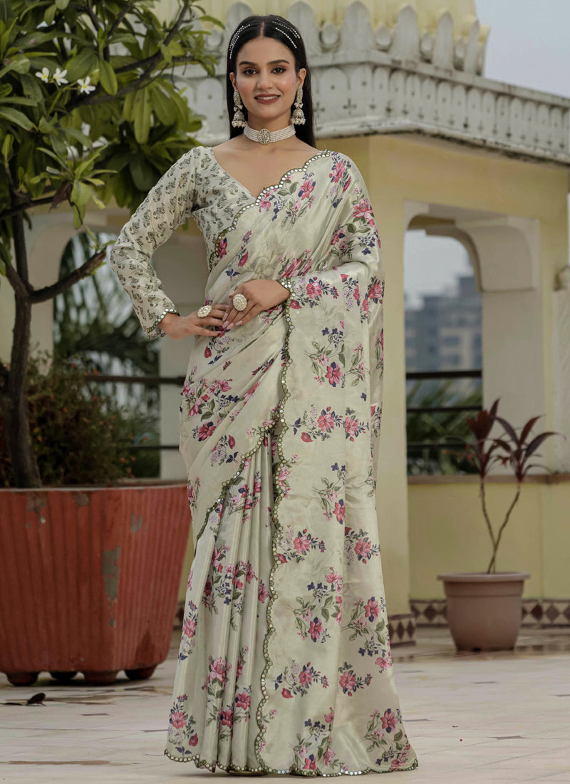 Vegaa Fashion Beige Chinon Silk Floral Printed With Mirror Cut Border Ready To Wear Saree - Distacart