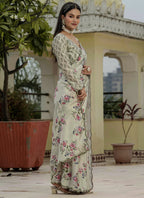 Vegaa Fashion Beige Chinon Silk Floral Printed With Mirror Cut Border Ready To Wear Saree - Distacart
