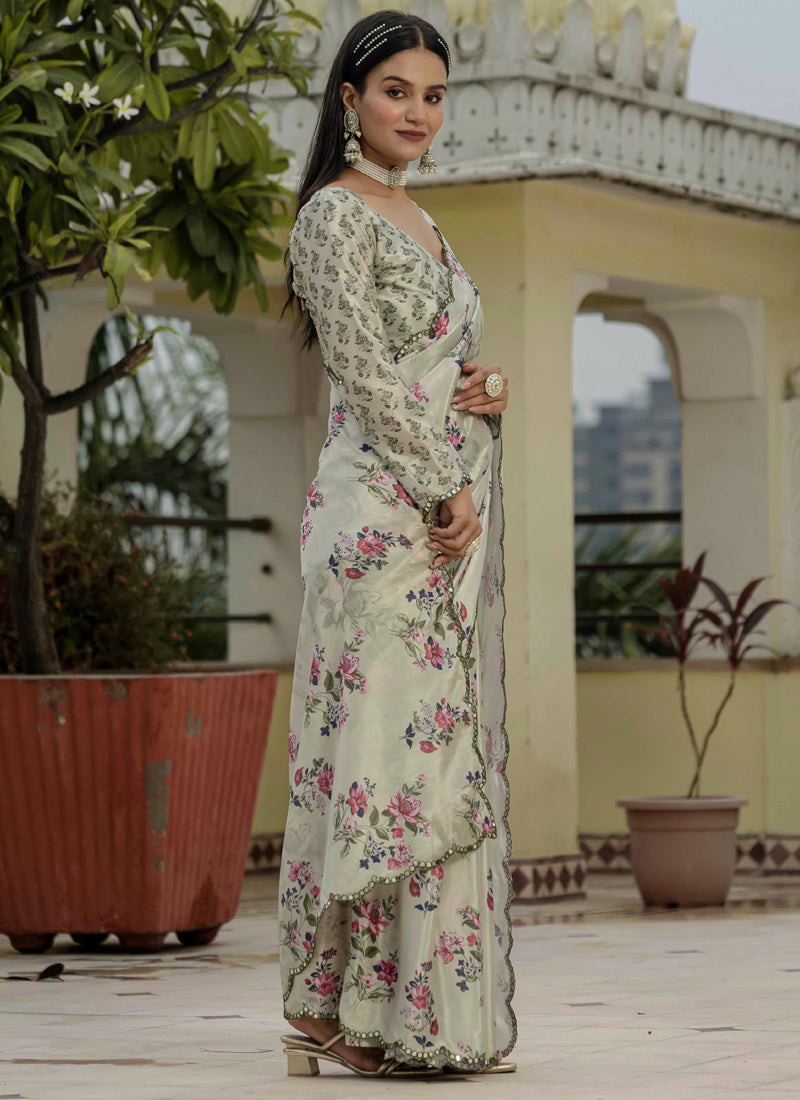 Vegaa Fashion Beige Chinon Silk Floral Printed With Mirror Cut Border Ready To Wear Saree - Distacart