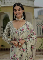 Vegaa Fashion Beige Chinon Silk Floral Printed With Mirror Cut Border Ready To Wear Saree - Distacart