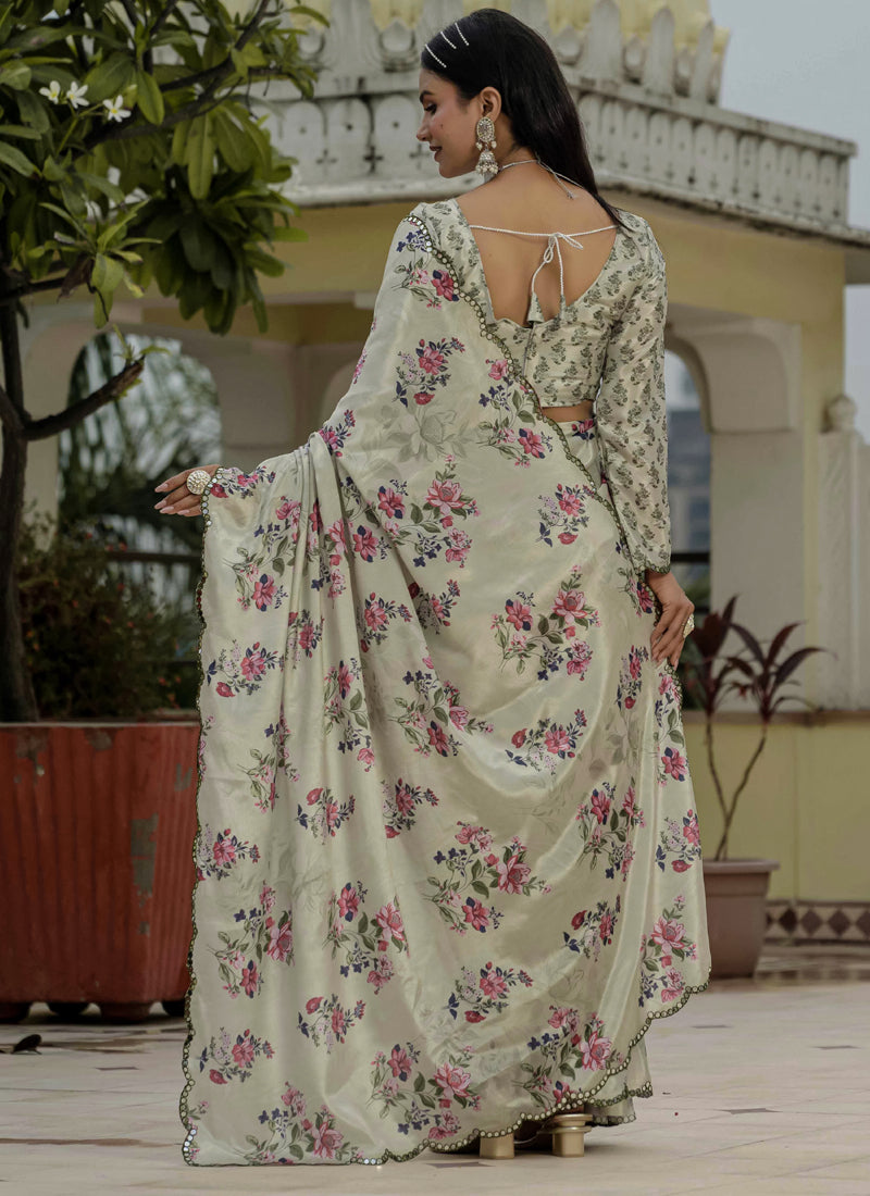 Vegaa Fashion Beige Chinon Silk Floral Printed With Mirror Cut Border Ready To Wear Saree - Distacart