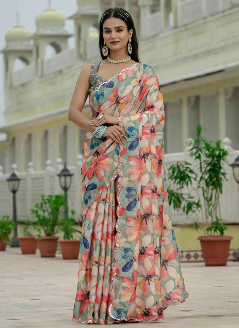 Vegaa Fashion Multi Color Chinon Silk Floral Printed With Mirror Cut Border Ready To Wear Saree - Distacart