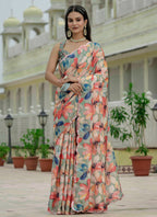 Vegaa Fashion Multi Color Chinon Silk Floral Printed With Mirror Cut Border Ready To Wear Saree - Distacart