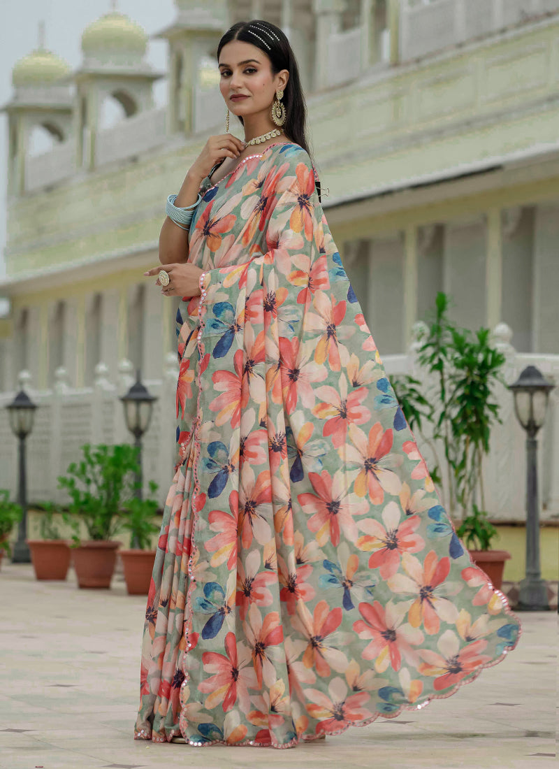 Vegaa Fashion Multi Color Chinon Silk Floral Printed With Mirror Cut Border Ready To Wear Saree - Distacart