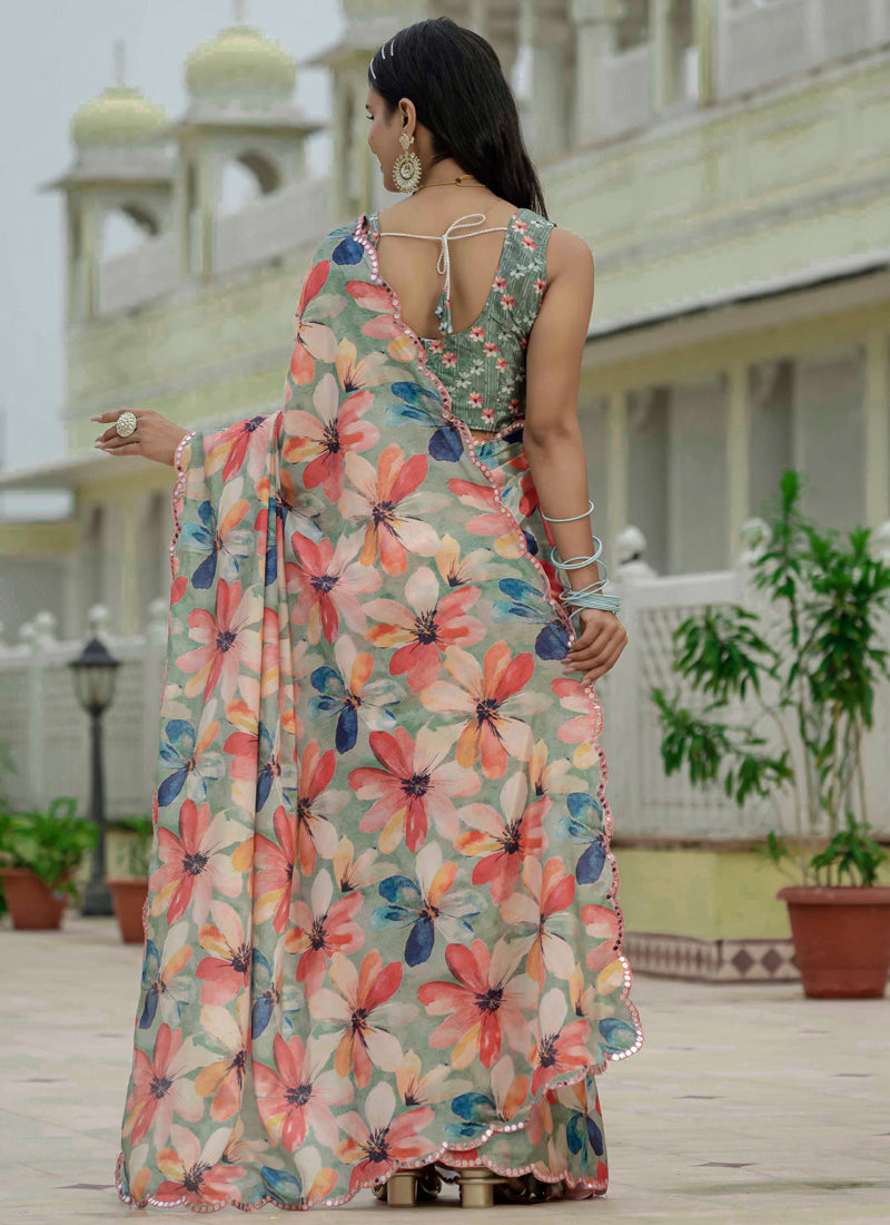 Vegaa Fashion Multi Color Chinon Silk Floral Printed With Mirror Cut Border Ready To Wear Saree - Distacart