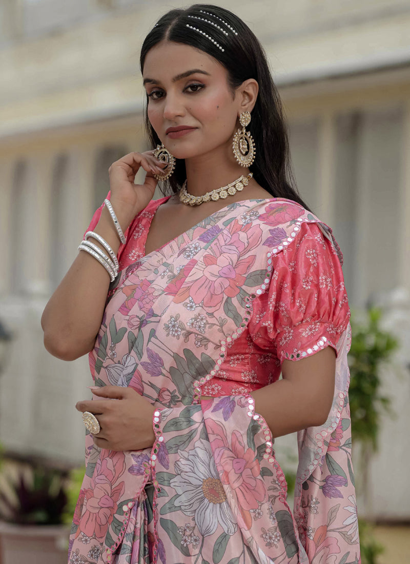 Vegaa Fashion Light Pink Chinon Silk Floral Printed With Mirror Cut Border Ready To Wear Saree - Distacart