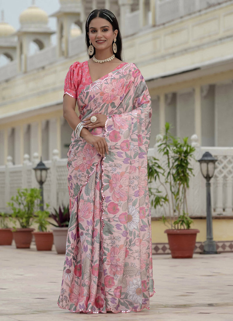 Vegaa Fashion Light Pink Chinon Silk Floral Printed With Mirror Cut Border Ready To Wear Saree - Distacart