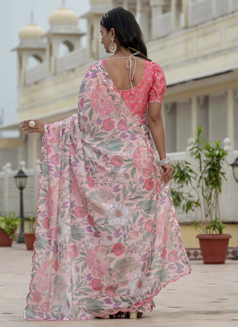 Vegaa Fashion Light Pink Chinon Silk Floral Printed With Mirror Cut Border Ready To Wear Saree - Distacart
