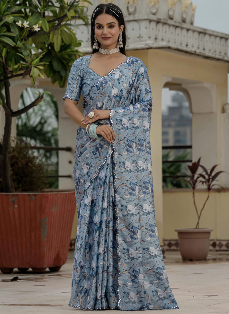 Vegaa Fashion Grey Chinon Silk Floral Printed With Mirror Cut Border Ready To Wear Saree - Distacart