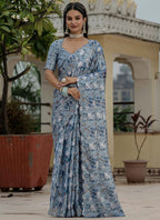 Vegaa Fashion Grey Chinon Silk Floral Printed With Mirror Cut Border Ready To Wear Saree - Distacart