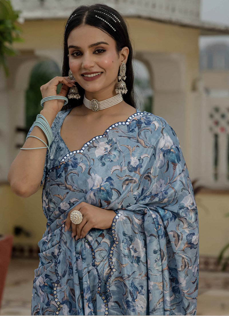 Vegaa Fashion Grey Chinon Silk Floral Printed With Mirror Cut Border Ready To Wear Saree - Distacart