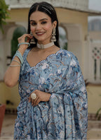 Vegaa Fashion Grey Chinon Silk Floral Printed With Mirror Cut Border Ready To Wear Saree - Distacart
