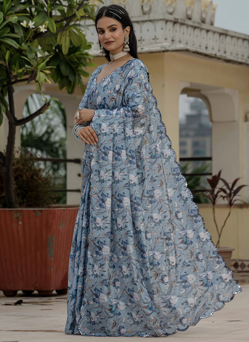 Vegaa Fashion Grey Chinon Silk Floral Printed With Mirror Cut Border Ready To Wear Saree - Distacart