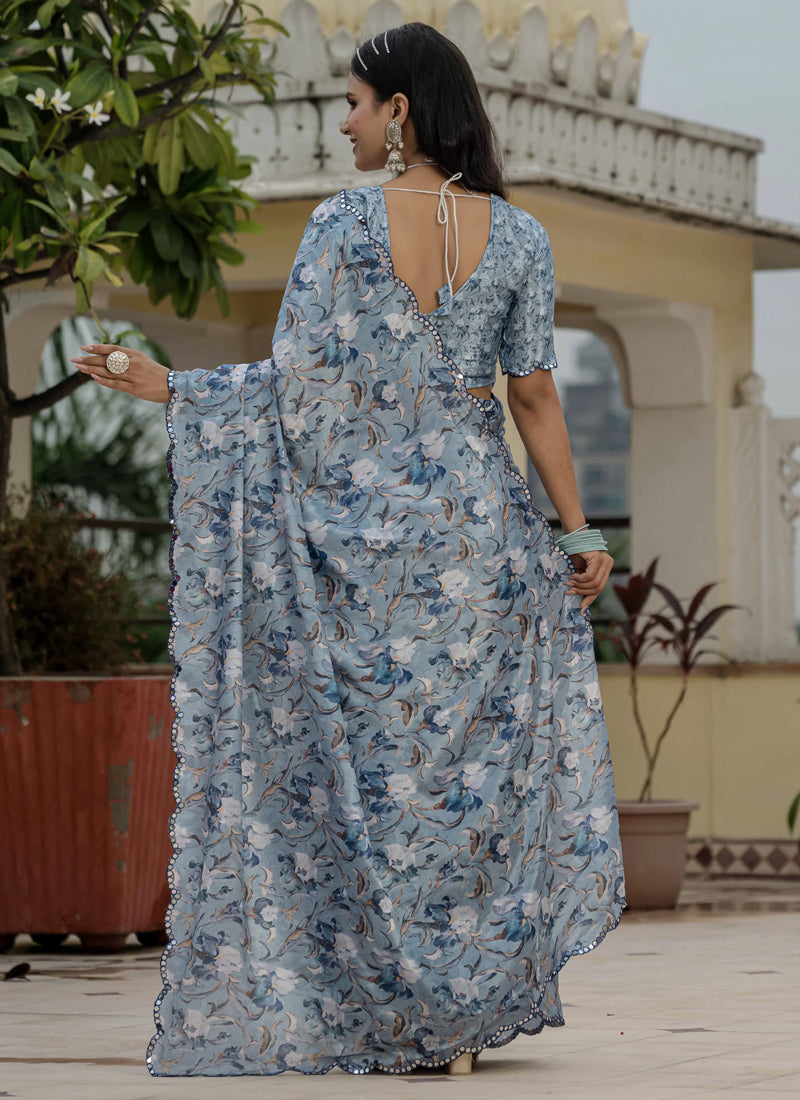 Vegaa Fashion Grey Chinon Silk Floral Printed With Mirror Cut Border Ready To Wear Saree - Distacart