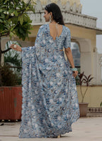 Vegaa Fashion Grey Chinon Silk Floral Printed With Mirror Cut Border Ready To Wear Saree - Distacart
