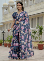 Vegaa Fashion Grey Chinon Silk Floral Printed With Mirror Cut Border Ready To Wear Saree - Distacart
