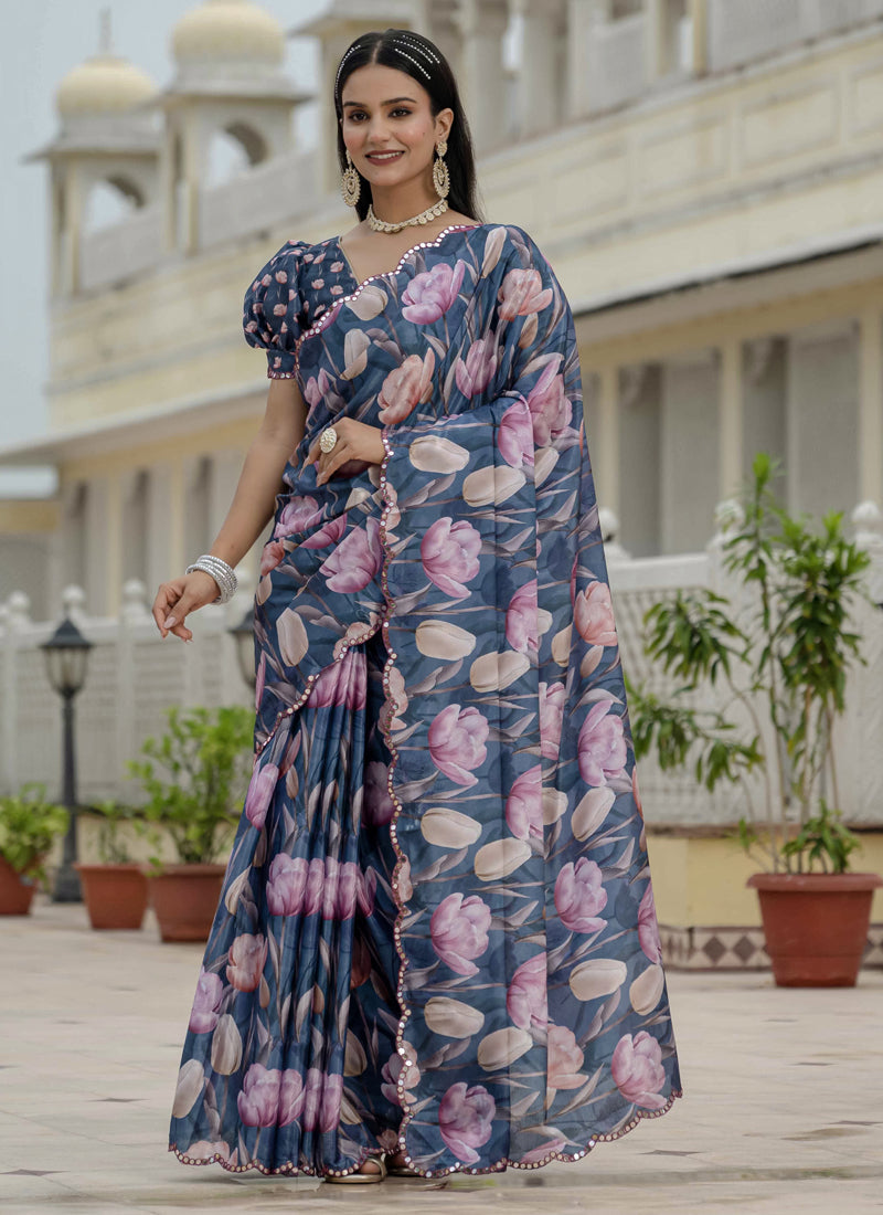 Vegaa Fashion Grey Chinon Silk Floral Printed With Mirror Cut Border Ready To Wear Saree - Distacart