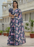 Vegaa Fashion Grey Chinon Silk Floral Printed With Mirror Cut Border Ready To Wear Saree - Distacart