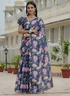 Vegaa Fashion Grey Chinon Silk Floral Printed With Mirror Cut Border Ready To Wear Saree - Distacart