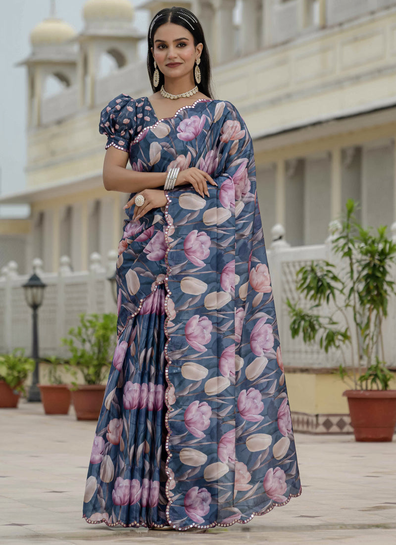 Vegaa Fashion Grey Chinon Silk Floral Printed With Mirror Cut Border Ready To Wear Saree - Distacart