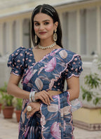 Vegaa Fashion Grey Chinon Silk Floral Printed With Mirror Cut Border Ready To Wear Saree - Distacart