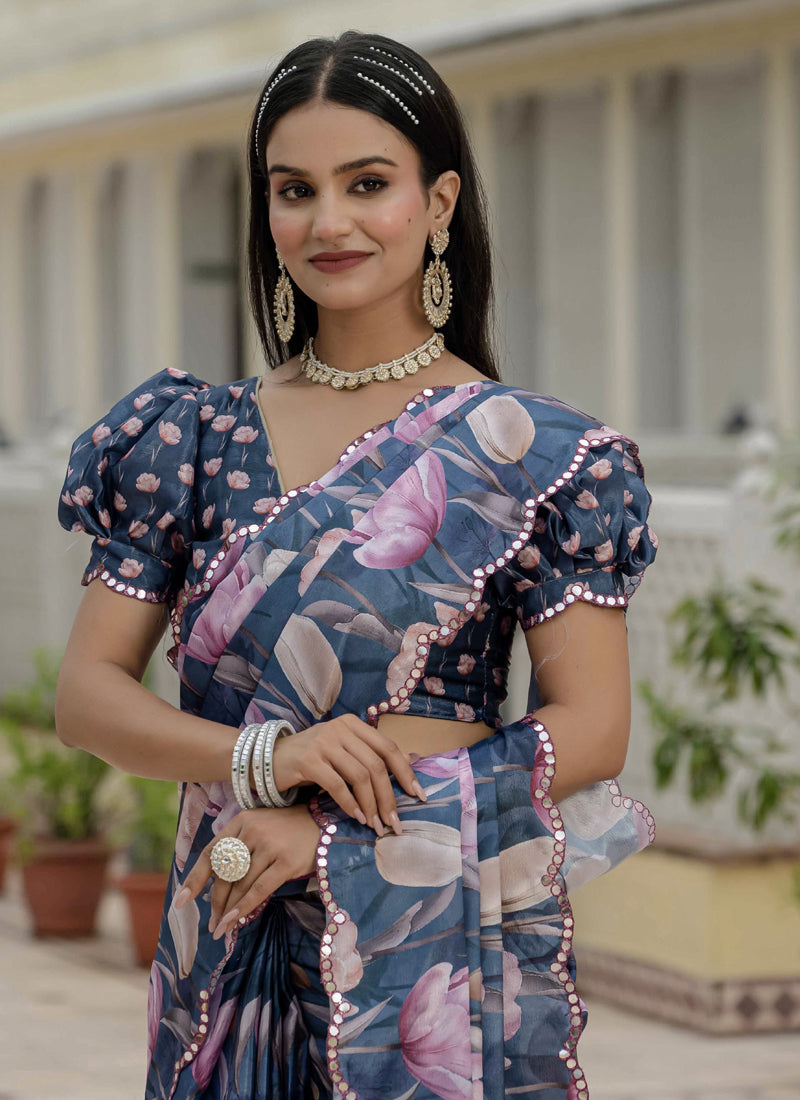 Vegaa Fashion Grey Chinon Silk Floral Printed With Mirror Cut Border Ready To Wear Saree - Distacart