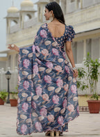 Vegaa Fashion Grey Chinon Silk Floral Printed With Mirror Cut Border Ready To Wear Saree - Distacart