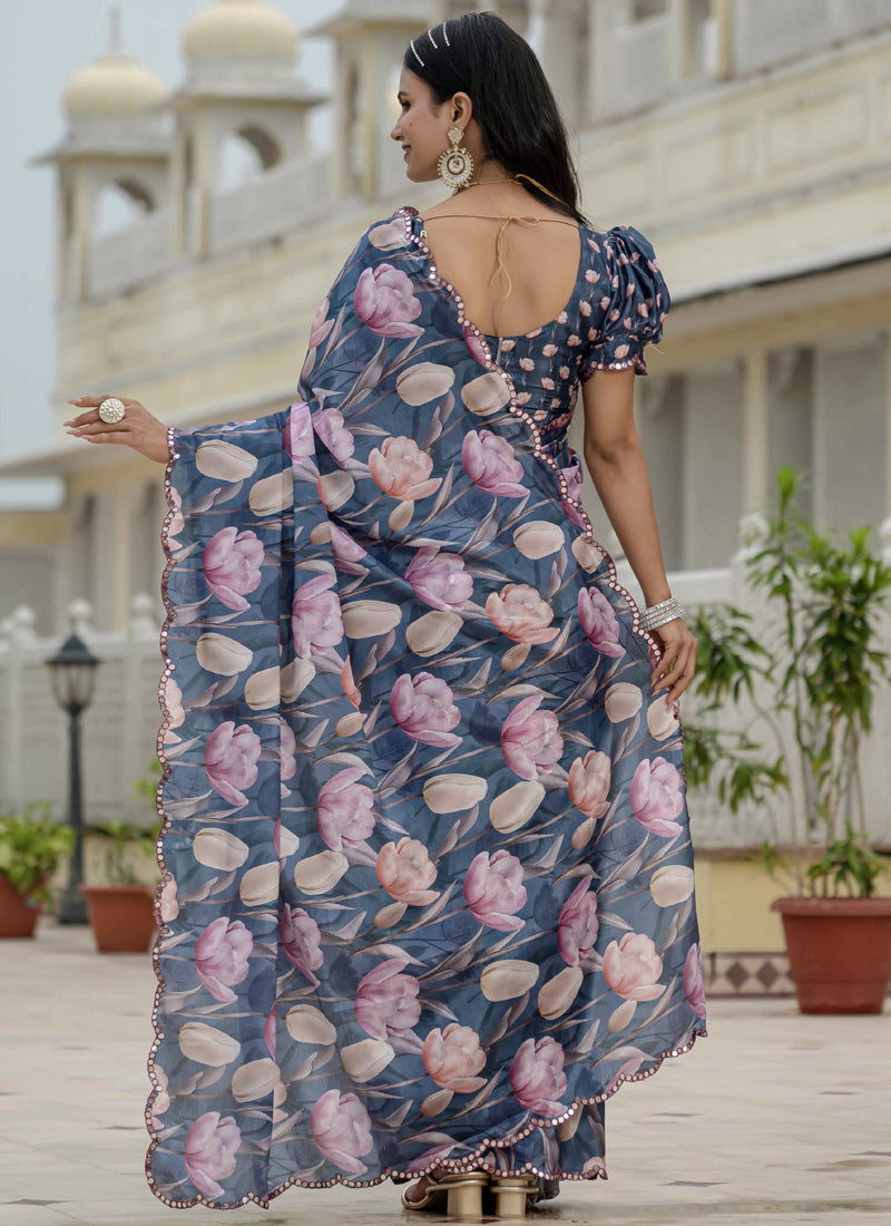 Vegaa Fashion Grey Chinon Silk Floral Printed With Mirror Cut Border Ready To Wear Saree - Distacart