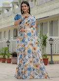 Vegaa Fashion Off White Chinon Silk Floral Printed With Mirror Cut Border Ready To Wear Saree - Distacart
