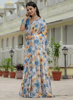 Vegaa Fashion Off White Chinon Silk Floral Printed With Mirror Cut Border Ready To Wear Saree - Distacart