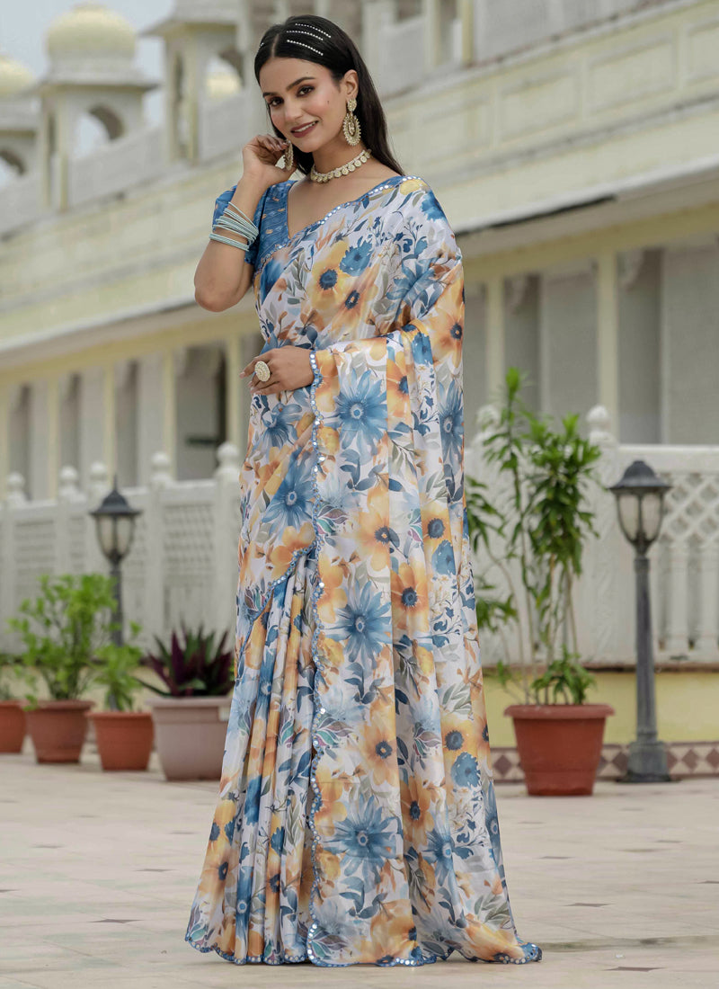 Vegaa Fashion Off White Chinon Silk Floral Printed With Mirror Cut Border Ready To Wear Saree - Distacart