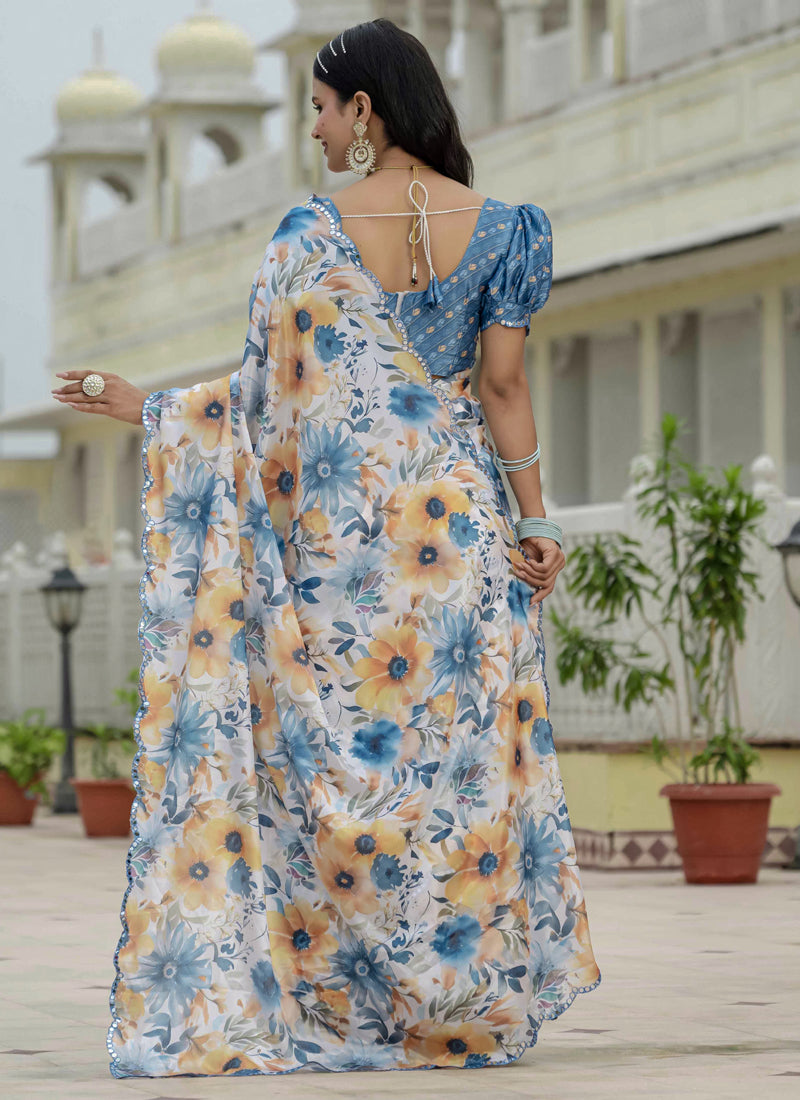 Vegaa Fashion Off White Chinon Silk Floral Printed With Mirror Cut Border Ready To Wear Saree - Distacart