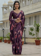 Vegaa Fashion Wine Chinon Silk Floral Printed With Mirror Cut Border Ready To Wear Saree - Distacart