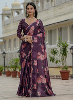 Vegaa Fashion Wine Chinon Silk Floral Printed With Mirror Cut Border Ready To Wear Saree - Distacart