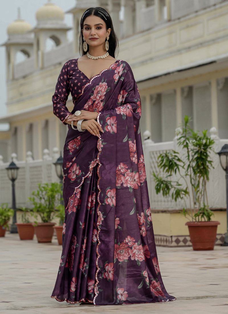 Vegaa Fashion Wine Chinon Silk Floral Printed With Mirror Cut Border Ready To Wear Saree - Distacart