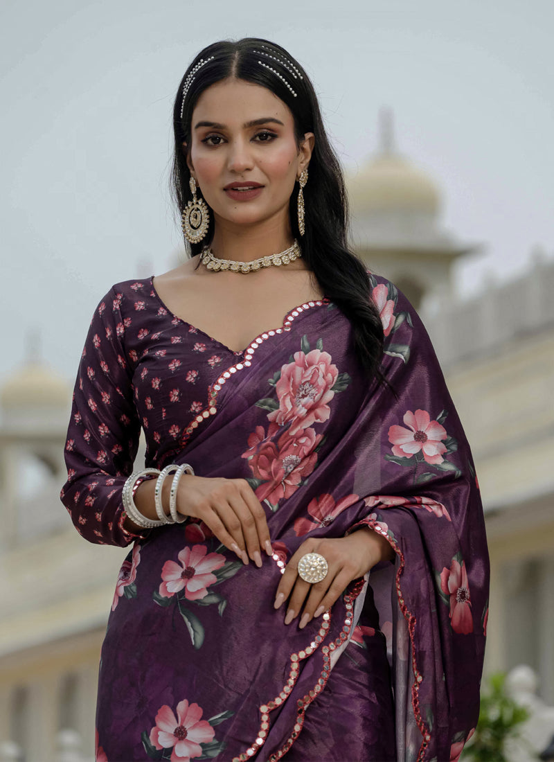 Vegaa Fashion Wine Chinon Silk Floral Printed With Mirror Cut Border Ready To Wear Saree - Distacart