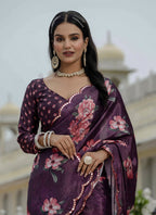 Vegaa Fashion Wine Chinon Silk Floral Printed With Mirror Cut Border Ready To Wear Saree - Distacart