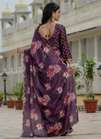 Vegaa Fashion Wine Chinon Silk Floral Printed With Mirror Cut Border Ready To Wear Saree - Distacart